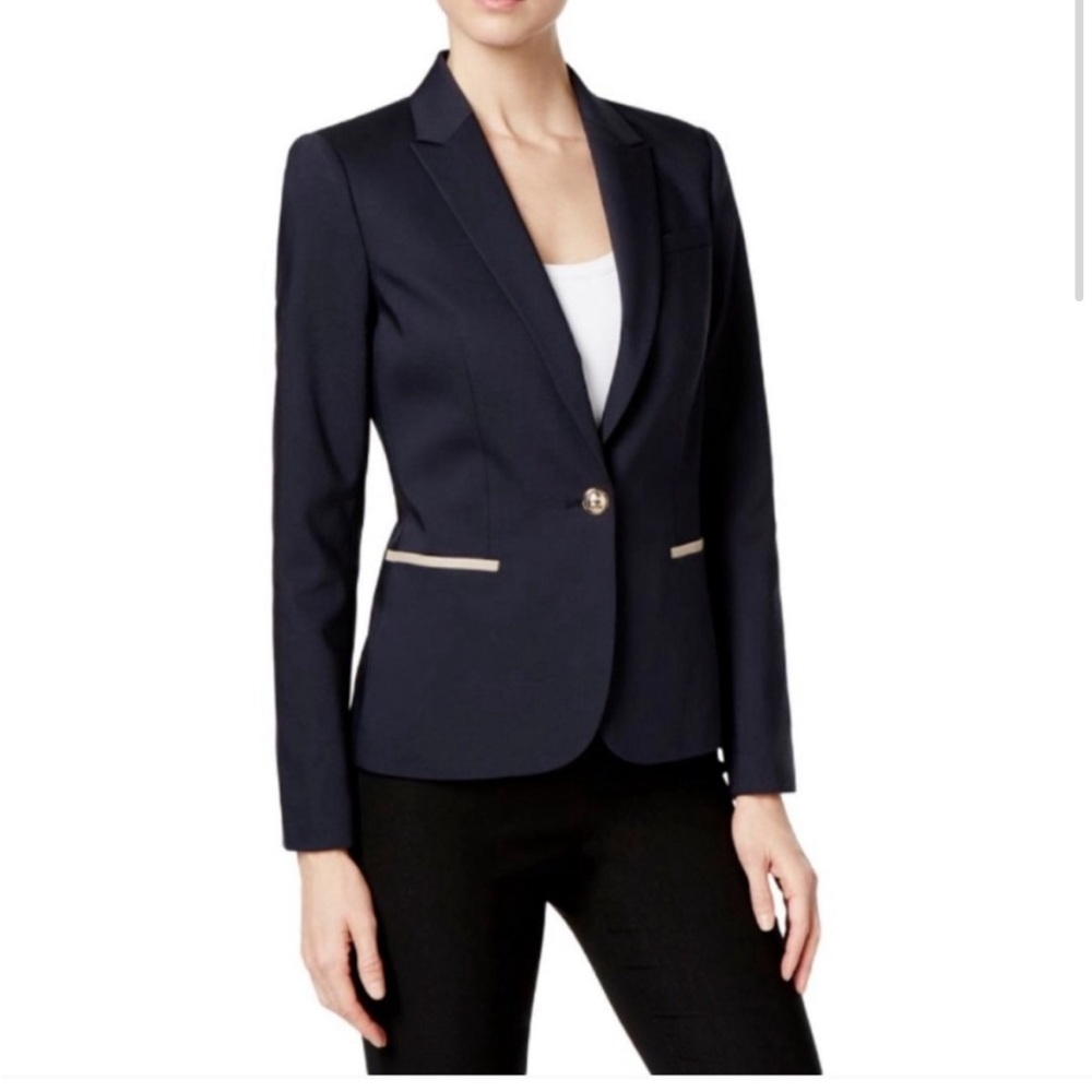 Tommy Hilfiger navy single gold button blazer jacket with contrast patch elbows